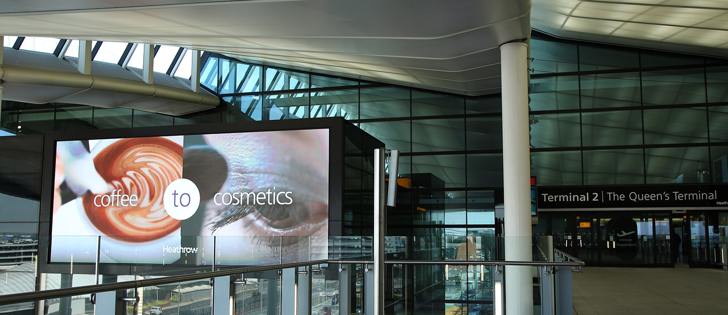 Smart tech advertising screens designed and installed at Terminal 2 Heathrow Airport by Ajar Technology